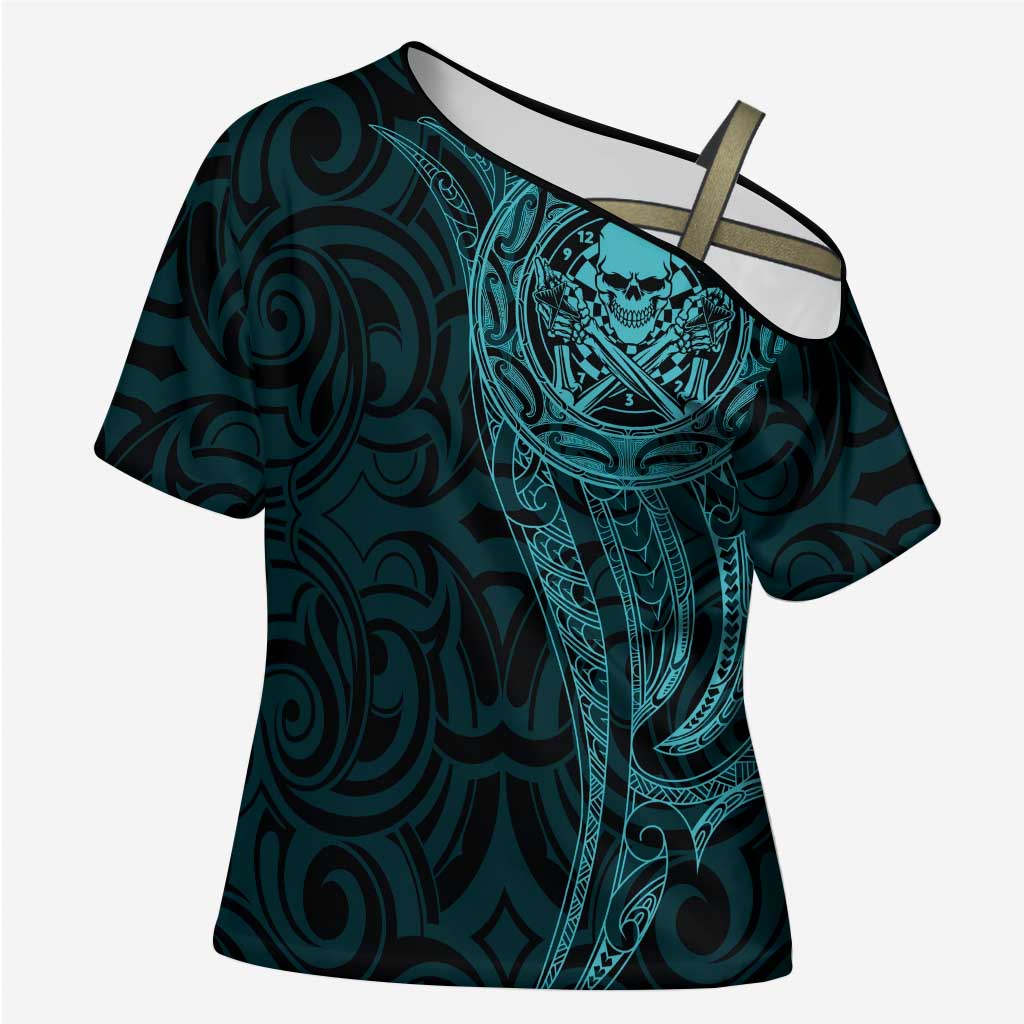 New Zealand Skull Darts Cross Shoulder Shirt Aotearoa Maori Chest Tattoo Stylized Teal LT14 Female Teal - Polynesian Pride