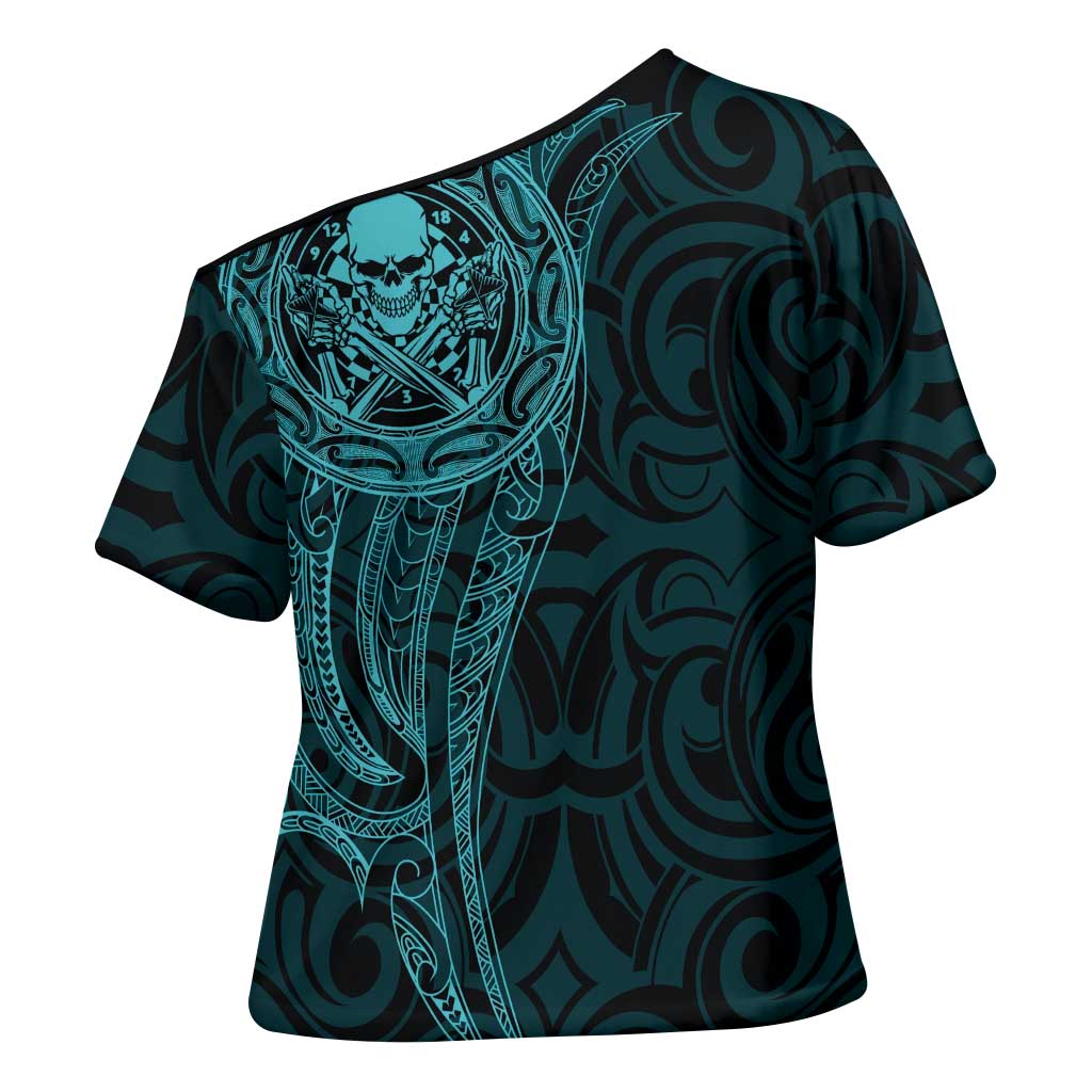 New Zealand Skull Darts Cross Shoulder Shirt Aotearoa Maori Chest Tattoo Stylized Teal LT14 - Polynesian Pride