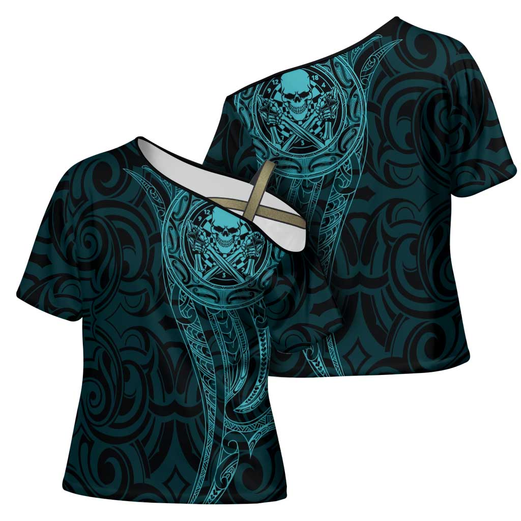 New Zealand Skull Darts Cross Shoulder Shirt Aotearoa Maori Chest Tattoo Stylized Teal LT14 - Polynesian Pride