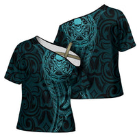 New Zealand Skull Darts Cross Shoulder Shirt Aotearoa Maori Chest Tattoo Stylized Teal LT14 - Polynesian Pride