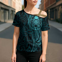 New Zealand Skull Darts Cross Shoulder Shirt Aotearoa Maori Chest Tattoo Stylized Teal LT14 - Polynesian Pride