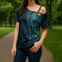 New Zealand Skull Darts Cross Shoulder Shirt Aotearoa Maori Chest Tattoo Stylized Teal LT14 - Polynesian Pride
