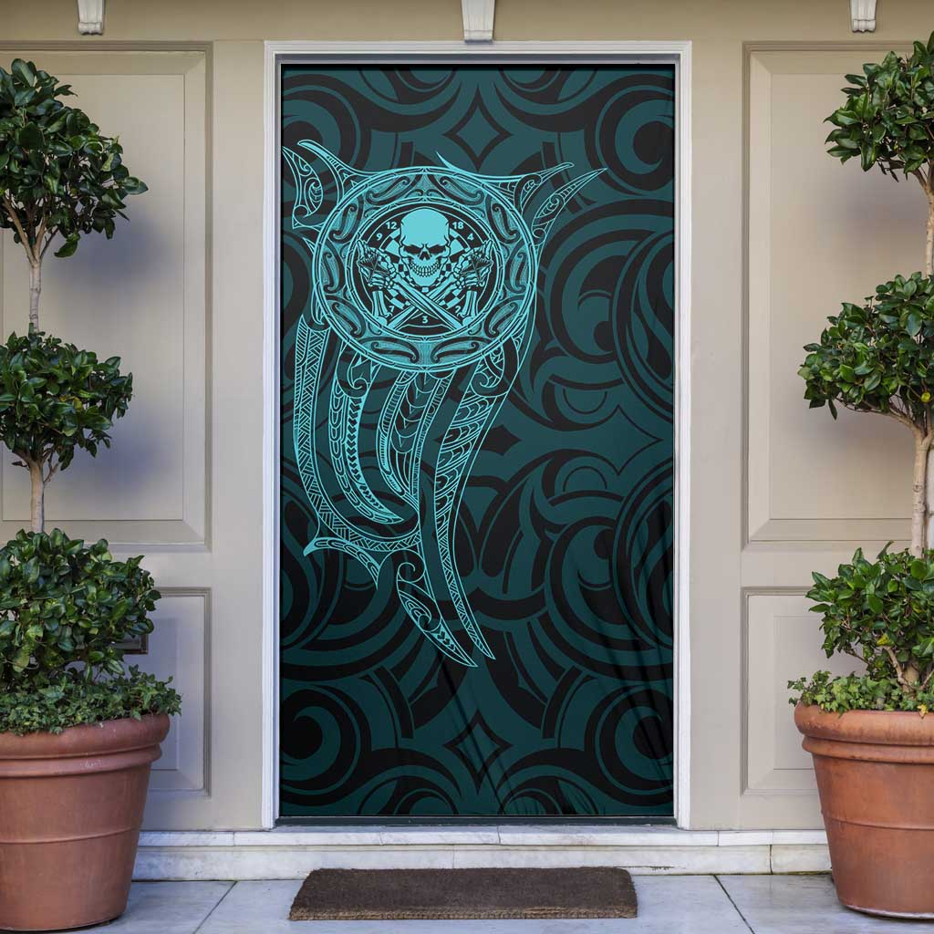 New Zealand Skull Darts Door Cover Aotearoa Maori Chest Tattoo Stylized Teal LT14 Teal - Polynesian Pride