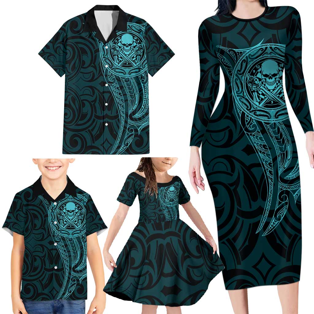 New Zealand Skull Darts Family Matching Long Sleeve Bodycon Dress and Hawaiian Shirt Aotearoa Maori Chest Tattoo Stylized Teal LT14 - Polynesian Pride