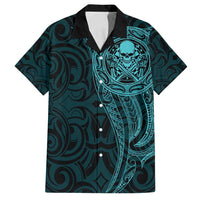 New Zealand Skull Darts Family Matching Long Sleeve Bodycon Dress and Hawaiian Shirt Aotearoa Maori Chest Tattoo Stylized Teal LT14 Dad's Shirt - Short Sleeve Teal - Polynesian Pride
