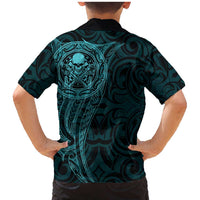 New Zealand Skull Darts Family Matching Mermaid Dress and Hawaiian Shirt Aotearoa Maori Chest Tattoo Stylized Teal LT14 - Polynesian Pride