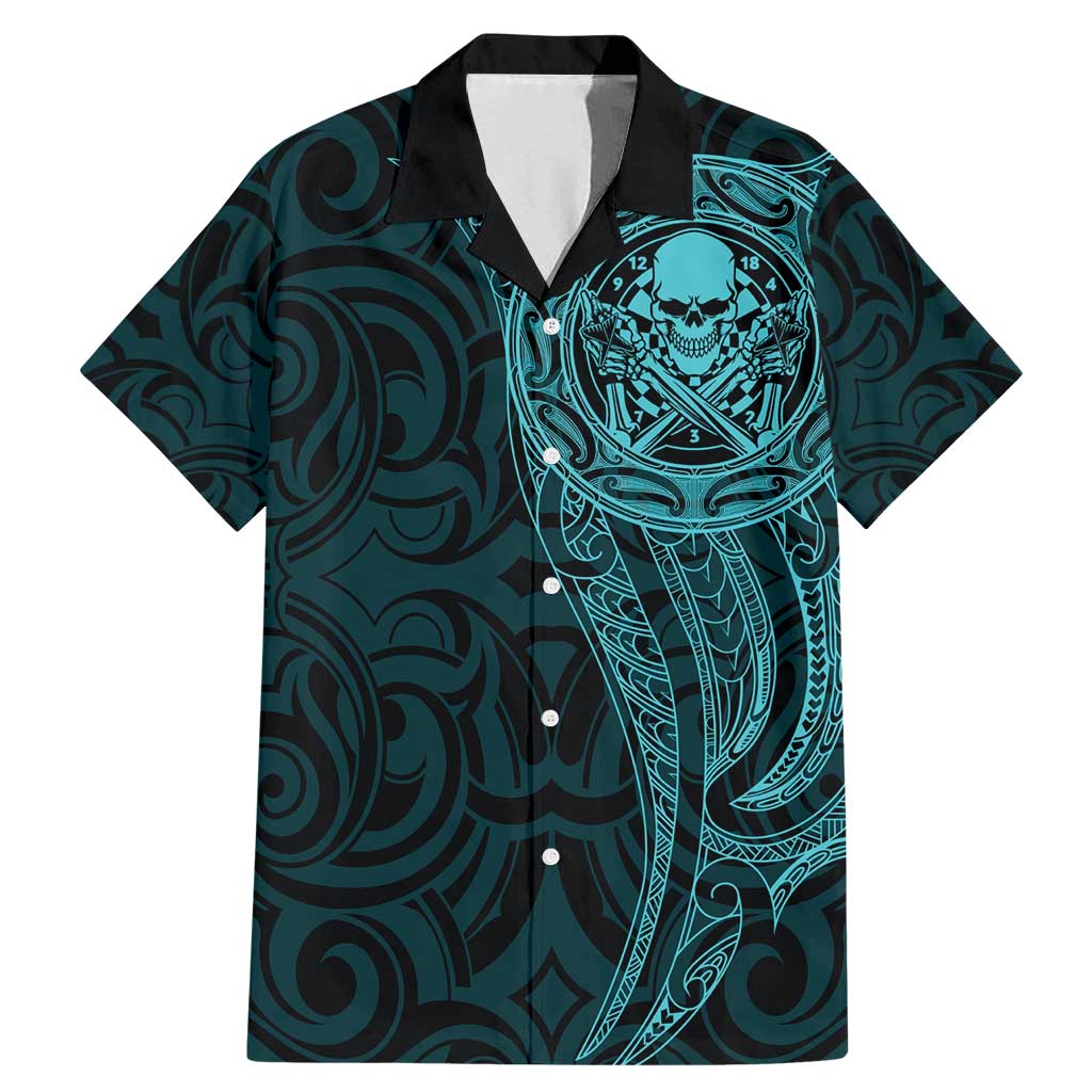 New Zealand Skull Darts Family Matching Mermaid Dress and Hawaiian Shirt Aotearoa Maori Chest Tattoo Stylized Teal LT14 Dad's Shirt - Short Sleeve Teal - Polynesian Pride