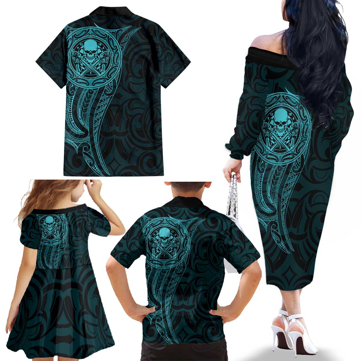 New Zealand Skull Darts Family Matching Off The Shoulder Long Sleeve Dress and Hawaiian Shirt Aotearoa Maori Chest Tattoo Stylized Teal LT14 - Polynesian Pride