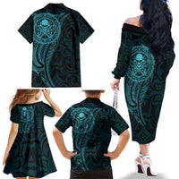 New Zealand Skull Darts Family Matching Off The Shoulder Long Sleeve Dress and Hawaiian Shirt Aotearoa Maori Chest Tattoo Stylized Teal LT14 - Polynesian Pride