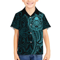 New Zealand Skull Darts Family Matching Off The Shoulder Long Sleeve Dress and Hawaiian Shirt Aotearoa Maori Chest Tattoo Stylized Teal LT14 Son's Shirt Teal - Polynesian Pride