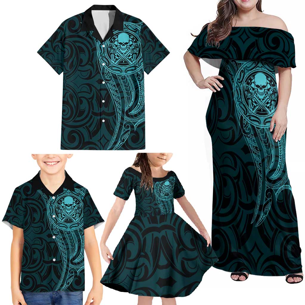 New Zealand Skull Darts Family Matching Off Shoulder Maxi Dress and Hawaiian Shirt Aotearoa Maori Chest Tattoo Stylized Teal LT14 - Polynesian Pride