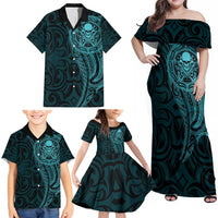 New Zealand Skull Darts Family Matching Off Shoulder Maxi Dress and Hawaiian Shirt Aotearoa Maori Chest Tattoo Stylized Teal LT14 - Polynesian Pride