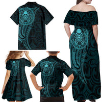 New Zealand Skull Darts Family Matching Off Shoulder Maxi Dress and Hawaiian Shirt Aotearoa Maori Chest Tattoo Stylized Teal LT14 - Polynesian Pride