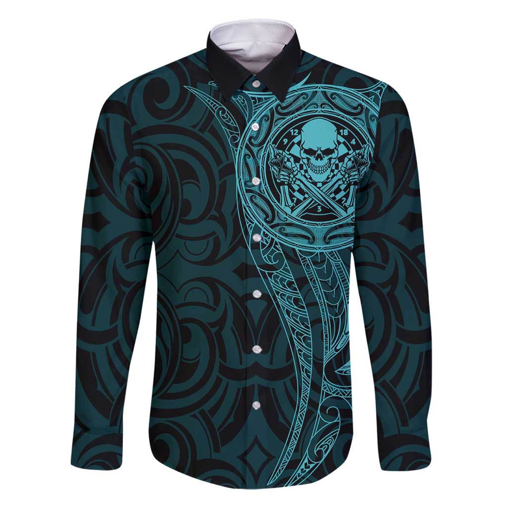 New Zealand Skull Darts Family Matching Off Shoulder Maxi Dress and Hawaiian Shirt Aotearoa Maori Chest Tattoo Stylized Teal LT14 Dad's Shirt - Long Sleeve Teal - Polynesian Pride