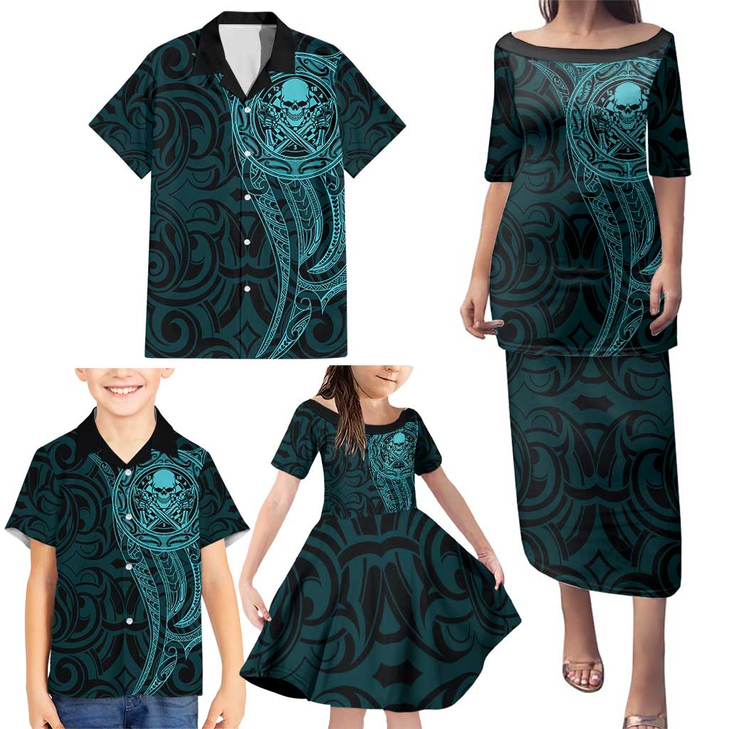 New Zealand Skull Darts Family Matching Puletasi and Hawaiian Shirt Aotearoa Maori Chest Tattoo Stylized Teal - Polynesian Pride