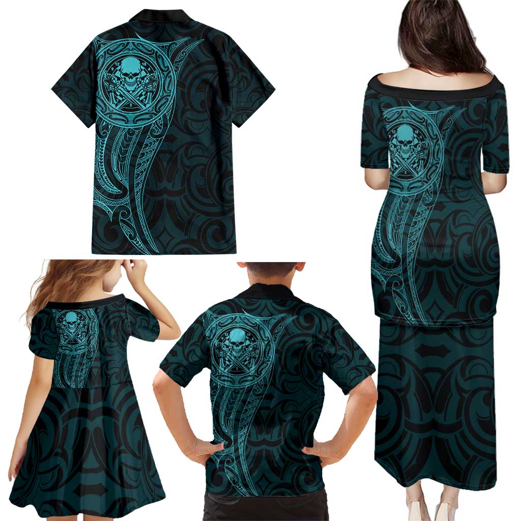 New Zealand Skull Darts Family Matching Puletasi and Hawaiian Shirt Aotearoa Maori Chest Tattoo Stylized Teal LT14 - Polynesian Pride