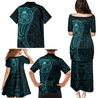 New Zealand Skull Darts Family Matching Puletasi and Hawaiian Shirt Aotearoa Maori Chest Tattoo Stylized Teal LT14 - Polynesian Pride