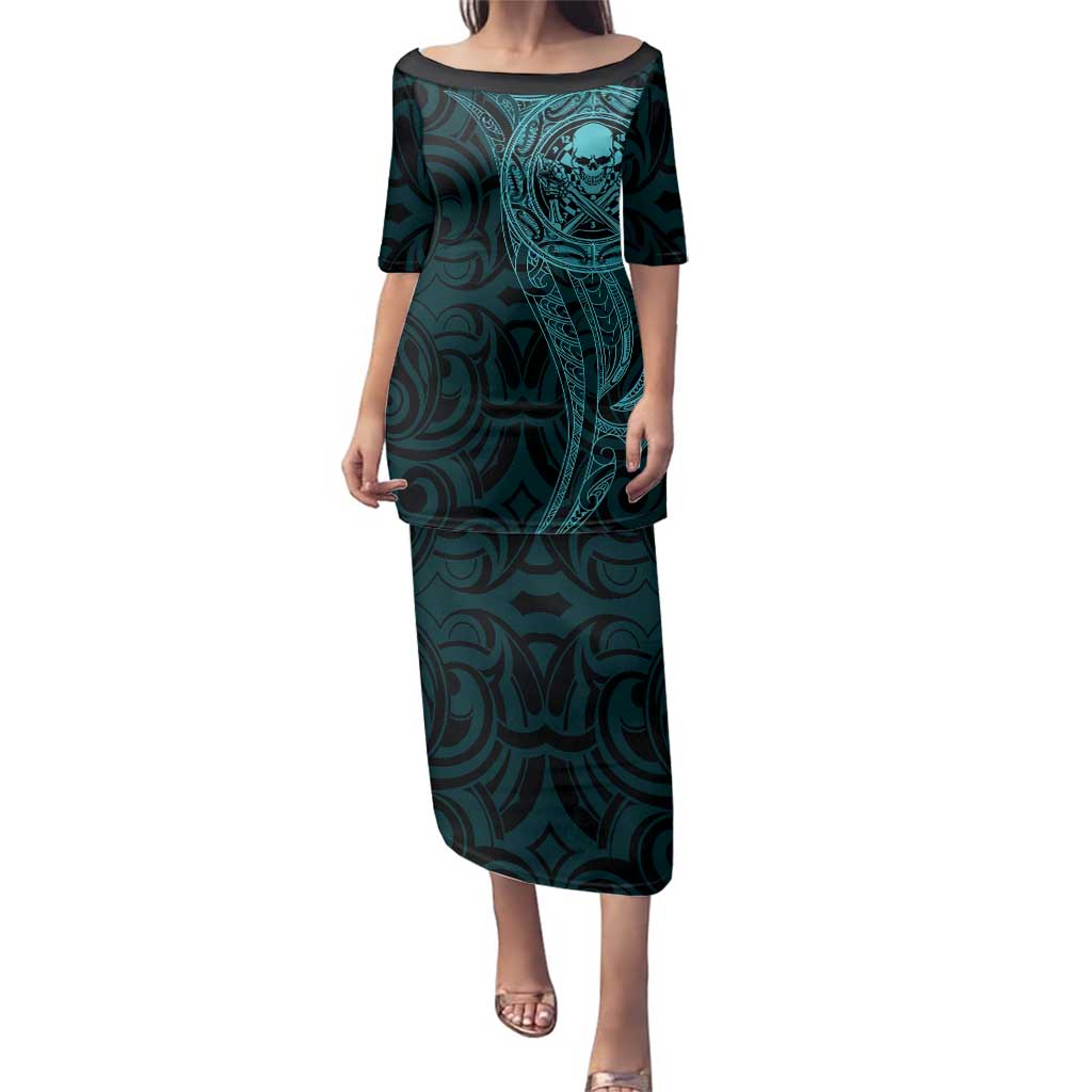 New Zealand Skull Darts Family Matching Puletasi and Hawaiian Shirt Aotearoa Maori Chest Tattoo Stylized Teal LT14 Mom's Dress Teal - Polynesian Pride