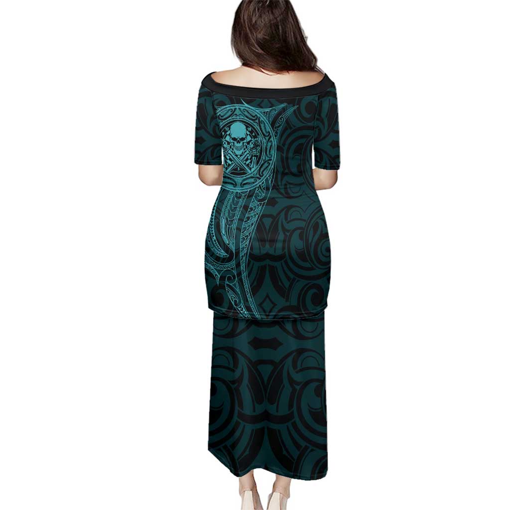 New Zealand Skull Darts Family Matching Puletasi and Hawaiian Shirt Aotearoa Maori Chest Tattoo Stylized Teal LT14 - Polynesian Pride