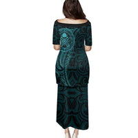 New Zealand Skull Darts Family Matching Puletasi and Hawaiian Shirt Aotearoa Maori Chest Tattoo Stylized Teal LT14 - Polynesian Pride