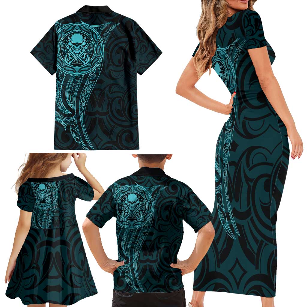New Zealand Skull Darts Family Matching Short Sleeve Bodycon Dress and Hawaiian Shirt Aotearoa Maori Chest Tattoo Stylized Teal LT14 - Polynesian Pride