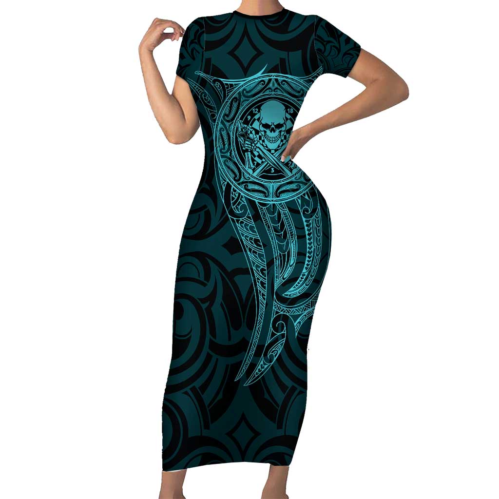 New Zealand Skull Darts Family Matching Short Sleeve Bodycon Dress and Hawaiian Shirt Aotearoa Maori Chest Tattoo Stylized Teal LT14 Mom's Dress Teal - Polynesian Pride