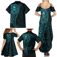 New Zealand Skull Darts Family Matching Summer Maxi Dress and Hawaiian Shirt Aotearoa Maori Chest Tattoo Stylized Teal LT14 - Polynesian Pride