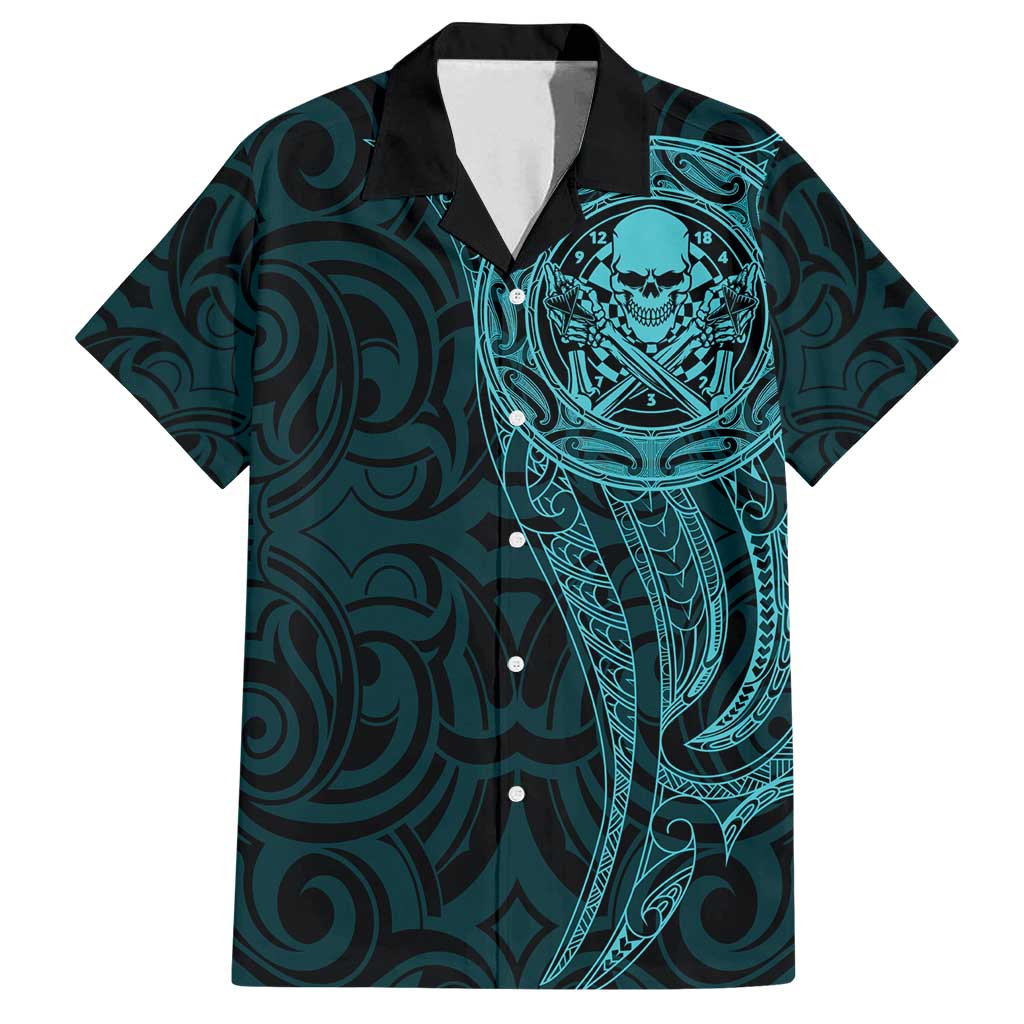 New Zealand Skull Darts Family Matching Summer Maxi Dress and Hawaiian Shirt Aotearoa Maori Chest Tattoo Stylized Teal LT14 Dad's Shirt - Short Sleeve Teal - Polynesian Pride