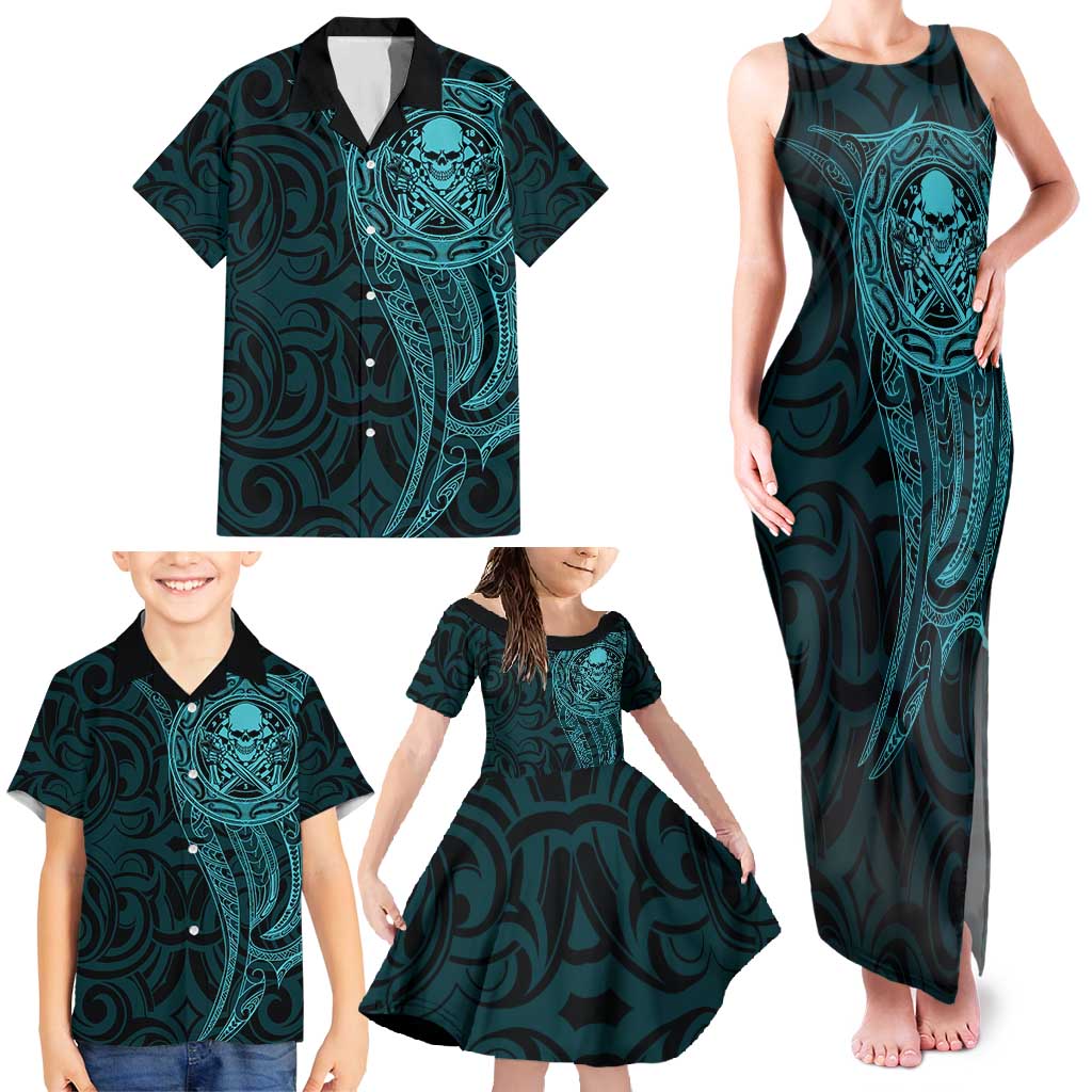 New Zealand Skull Darts Family Matching Tank Maxi Dress and Hawaiian Shirt Aotearoa Maori Chest Tattoo Stylized Teal LT14 - Polynesian Pride