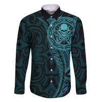New Zealand Skull Darts Family Matching Tank Maxi Dress and Hawaiian Shirt Aotearoa Maori Chest Tattoo Stylized Teal LT14 Dad's Shirt - Long Sleeve Teal - Polynesian Pride