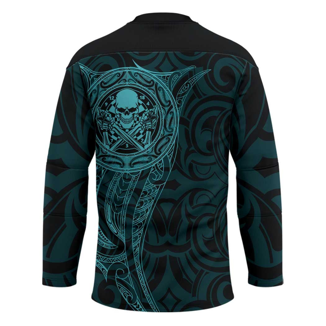 New Zealand Skull Darts Hockey Jersey Aotearoa Maori Chest Tattoo Stylized Teal LT14 - Polynesian Pride