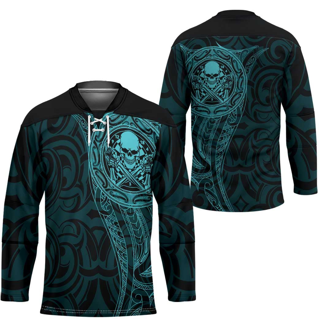 New Zealand Skull Darts Hockey Jersey Aotearoa Maori Chest Tattoo Stylized Teal LT14 - Polynesian Pride