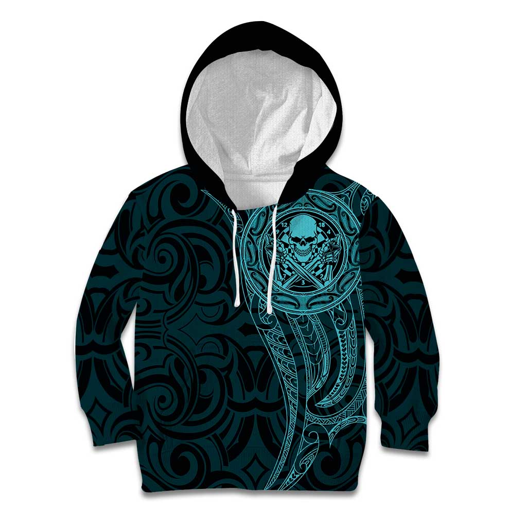 New Zealand Skull Darts Kid Hoodie Aotearoa Maori Chest Tattoo Stylized Teal LT14 Hoodie Teal - Polynesian Pride