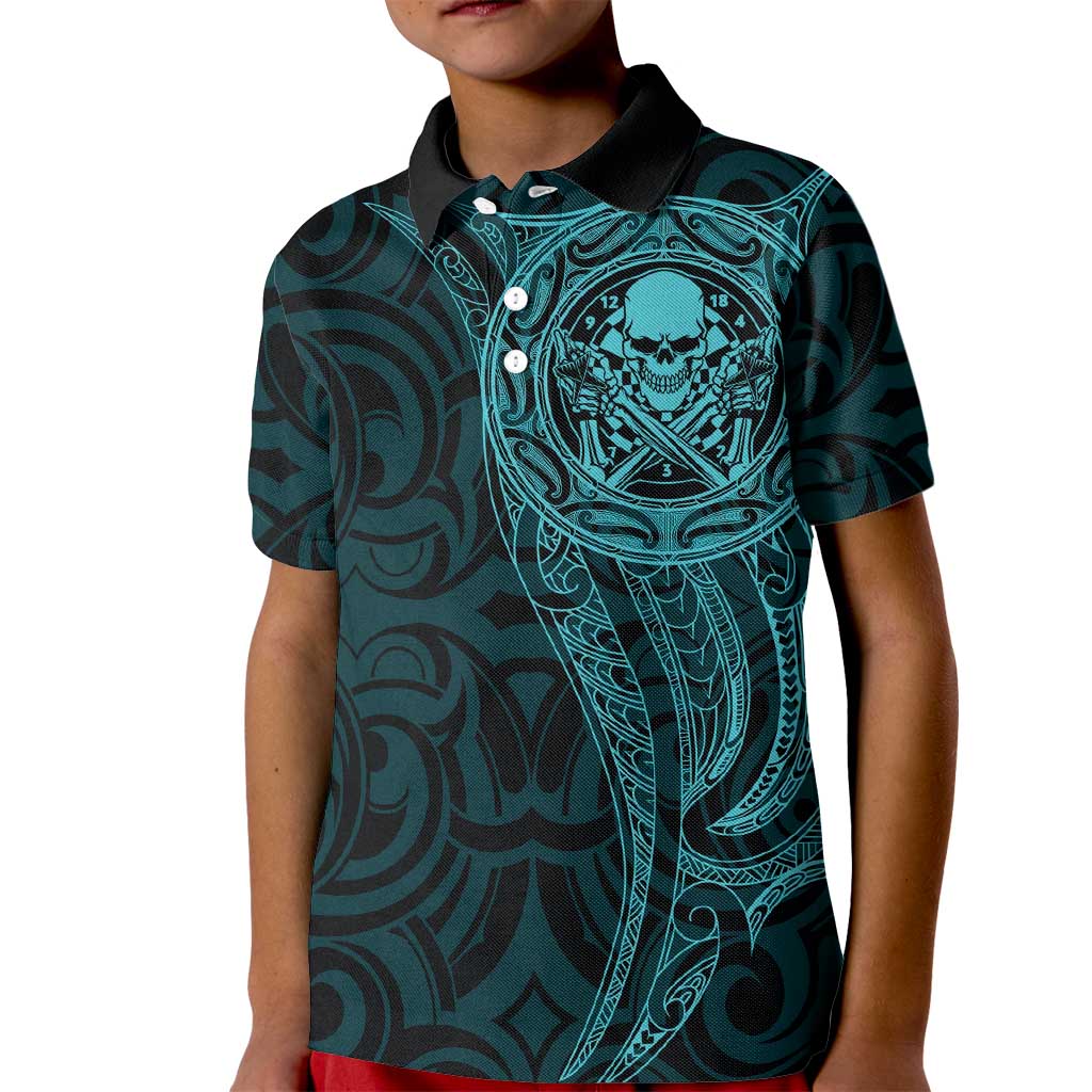 New Zealand Skull Darts Kid Polo Shirt Aotearoa Maori Chest Tattoo Stylized Teal LT14 Kid Teal - Polynesian Pride