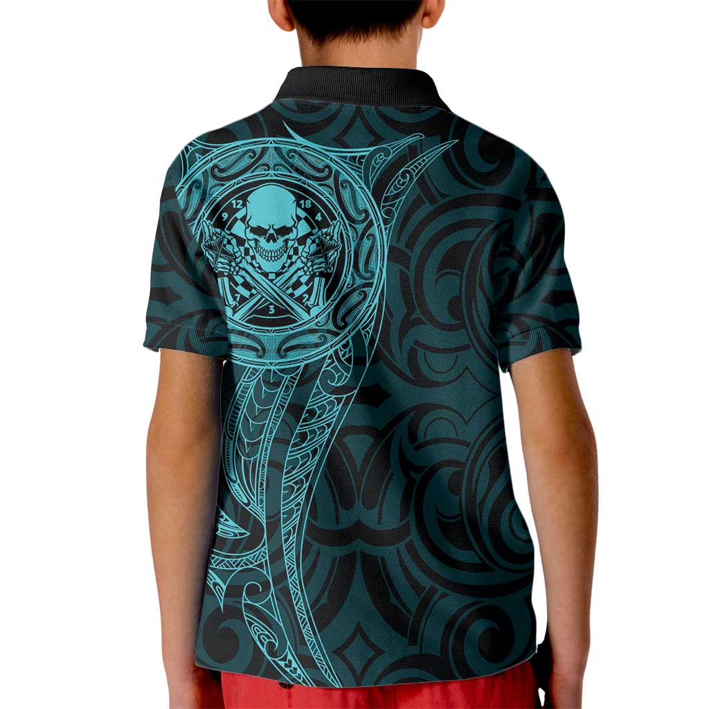 New Zealand Skull Darts Kid Polo Shirt Aotearoa Maori Chest Tattoo Stylized Teal LT14 - Polynesian Pride
