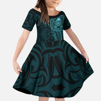 New Zealand Skull Darts Kid Short Sleeve Dress Aotearoa Maori Chest Tattoo Stylized Teal LT14 KID Teal - Polynesian Pride