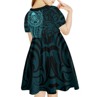 New Zealand Skull Darts Kid Short Sleeve Dress Aotearoa Maori Chest Tattoo Stylized Teal LT14 - Polynesian Pride