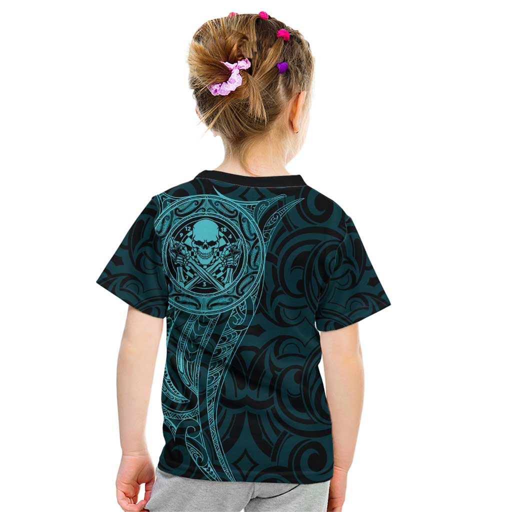 New Zealand Skull Darts Kid T Shirt Aotearoa Maori Chest Tattoo Stylized Teal LT14 - Polynesian Pride