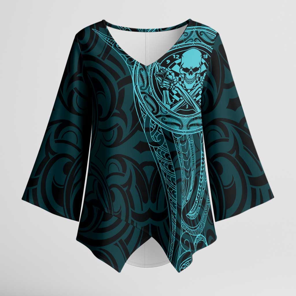 New Zealand Skull Darts Kimono Sleeve Blouse Aotearoa Maori Chest Tattoo Stylized Teal LT14 Female Teal - Polynesian Pride