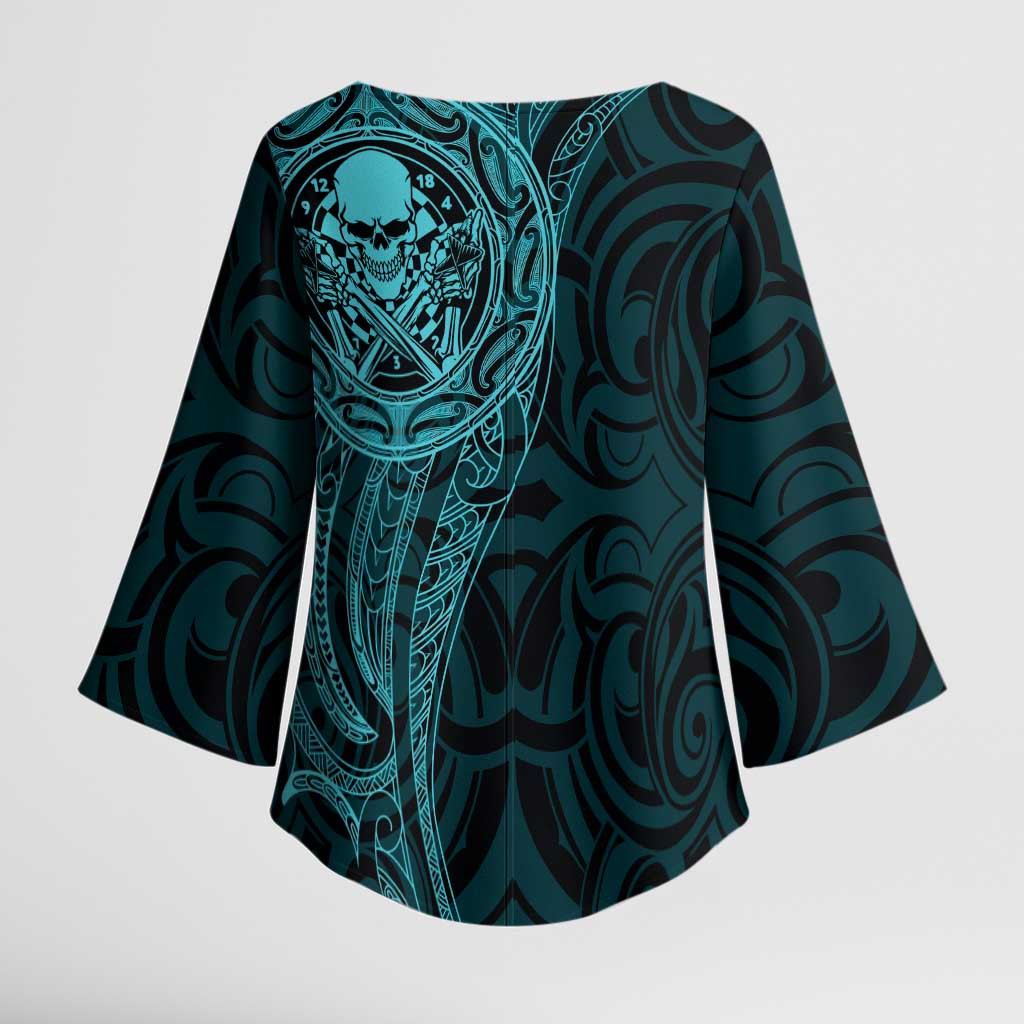 New Zealand Skull Darts Kimono Sleeve Blouse Aotearoa Maori Chest Tattoo Stylized Teal LT14 - Polynesian Pride