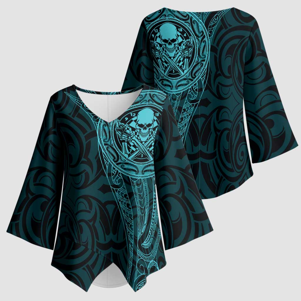 New Zealand Skull Darts Kimono Sleeve Blouse Aotearoa Maori Chest Tattoo Stylized Teal LT14 - Polynesian Pride