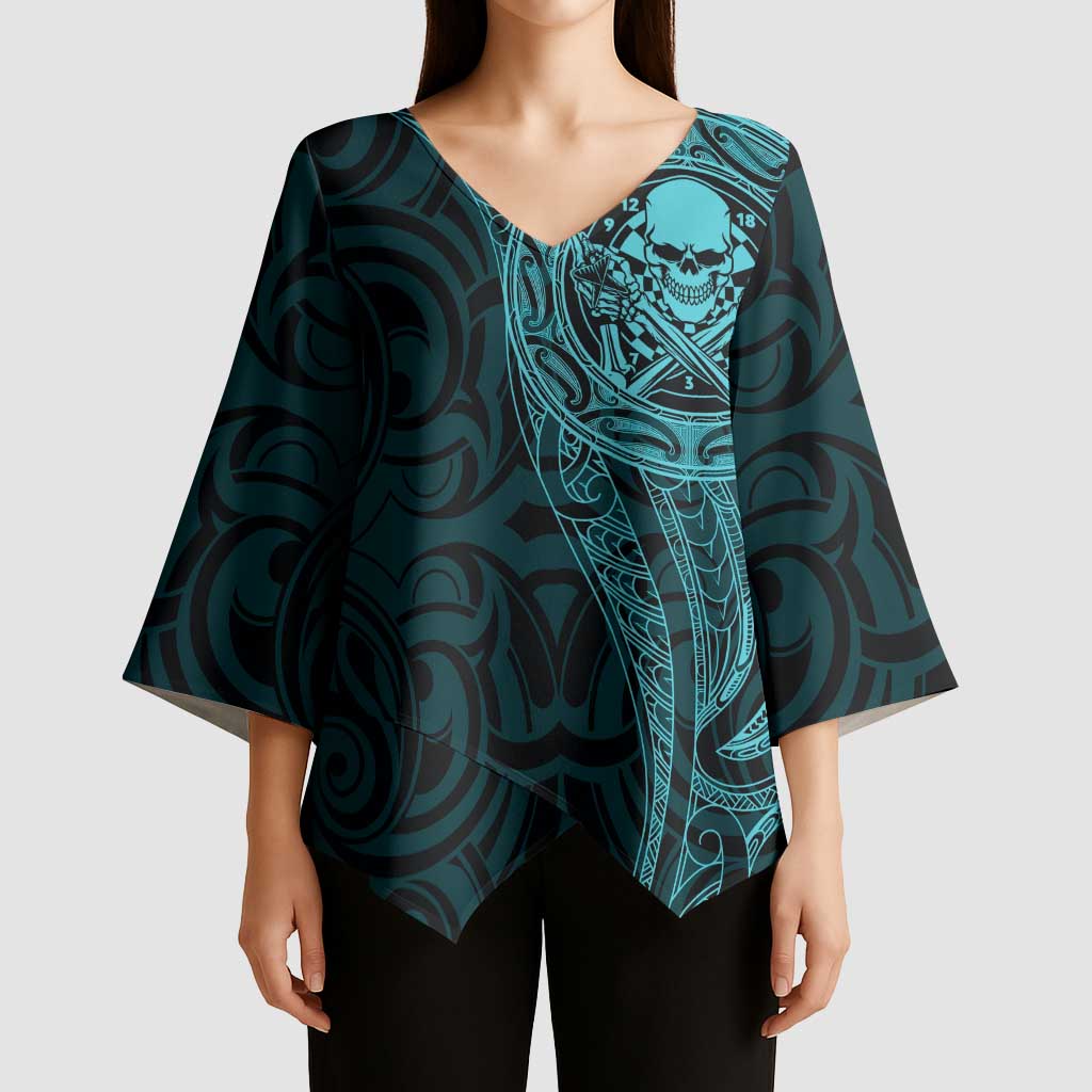 New Zealand Skull Darts Kimono Sleeve Blouse Aotearoa Maori Chest Tattoo Stylized Teal LT14 - Polynesian Pride