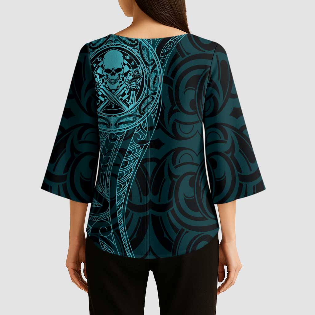 New Zealand Skull Darts Kimono Sleeve Blouse Aotearoa Maori Chest Tattoo Stylized Teal LT14 - Polynesian Pride