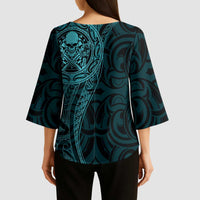 New Zealand Skull Darts Kimono Sleeve Blouse Aotearoa Maori Chest Tattoo Stylized Teal LT14 - Polynesian Pride