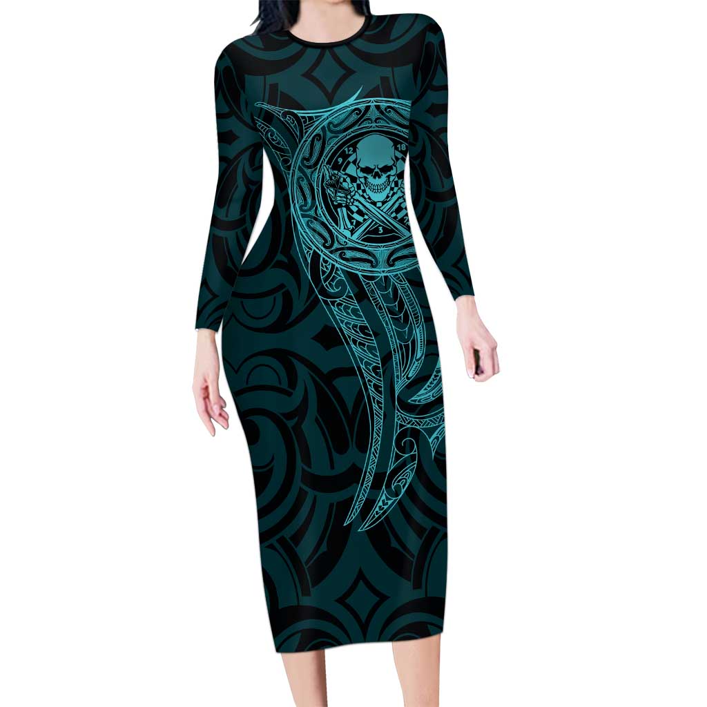 New Zealand Skull Darts Long Sleeve Bodycon Dress Aotearoa Maori Chest Tattoo Stylized Teal LT14 Long Dress Teal - Polynesian Pride