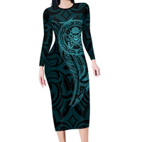 New Zealand Skull Darts Long Sleeve Bodycon Dress Aotearoa Maori Chest Tattoo Stylized Teal LT14 Long Dress Teal - Polynesian Pride