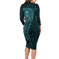 New Zealand Skull Darts Long Sleeve Bodycon Dress Aotearoa Maori Chest Tattoo Stylized Teal LT14 - Polynesian Pride