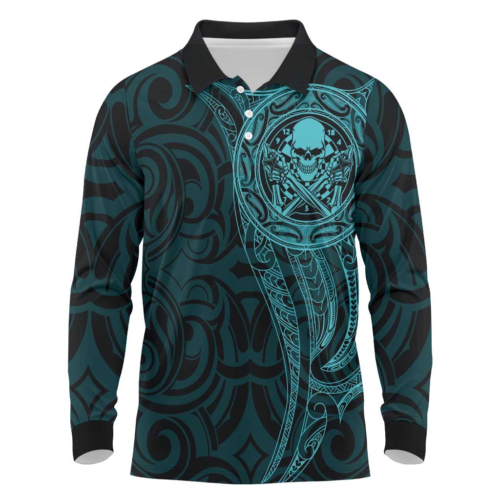 New Zealand Skull Darts Long Sleeve Polo Shirt Aotearoa Maori Chest Tattoo Stylized Teal LT14 Teal - Polynesian Pride