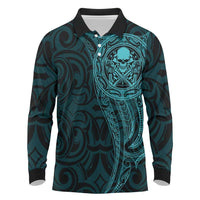 New Zealand Skull Darts Long Sleeve Polo Shirt Aotearoa Maori Chest Tattoo Stylized Teal LT14 Teal - Polynesian Pride