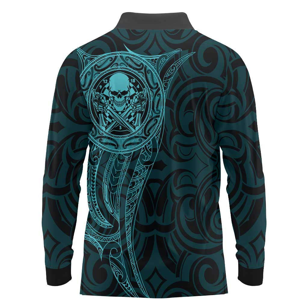 New Zealand Skull Darts Long Sleeve Polo Shirt Aotearoa Maori Chest Tattoo Stylized Teal LT14 - Polynesian Pride